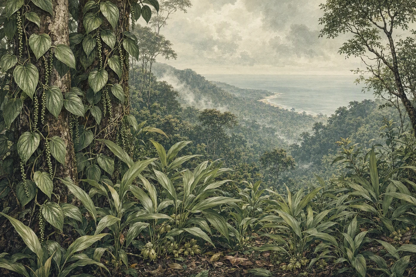 Illustrated landscape of Kerala’s Malabar coast and the spice-growing Western Ghats