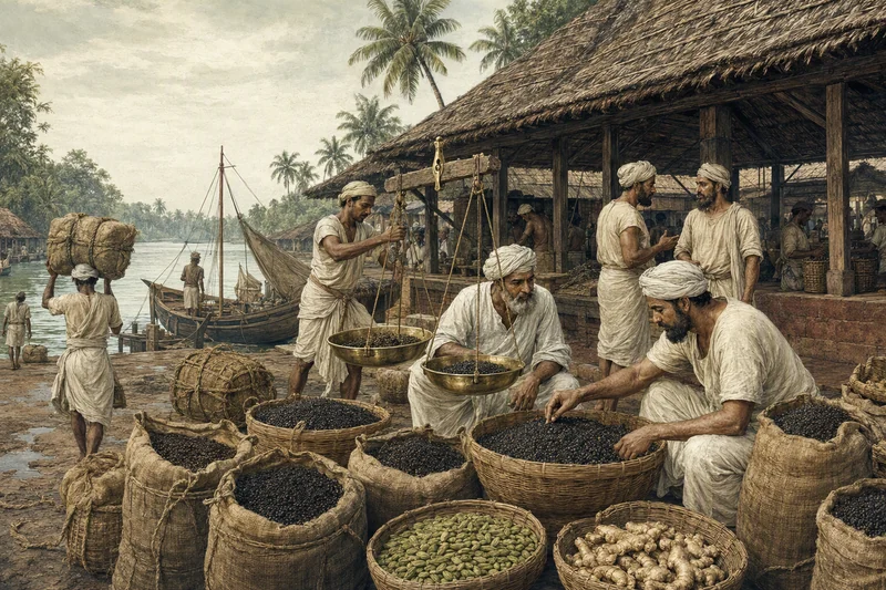 Artist’s impression of merchants weighing pepper at a traditional waterfront spice market on the Malabar coast