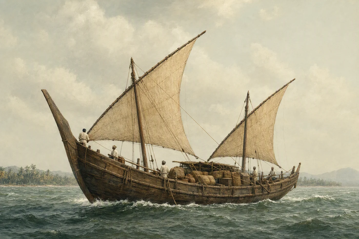 Artist’s impression of a traditional wooden dhow with lateen sails off the palm-lined Malabar coast