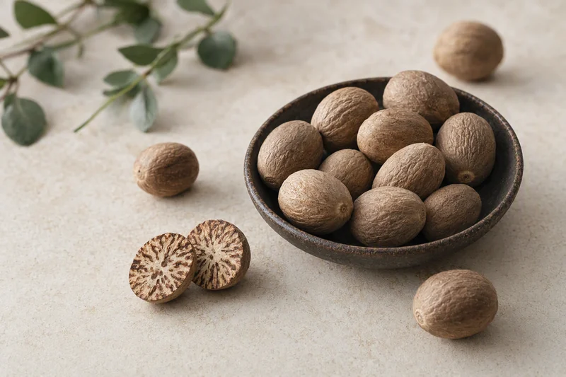 Whole nutmeg in a ceramic bowl; illustrative product image